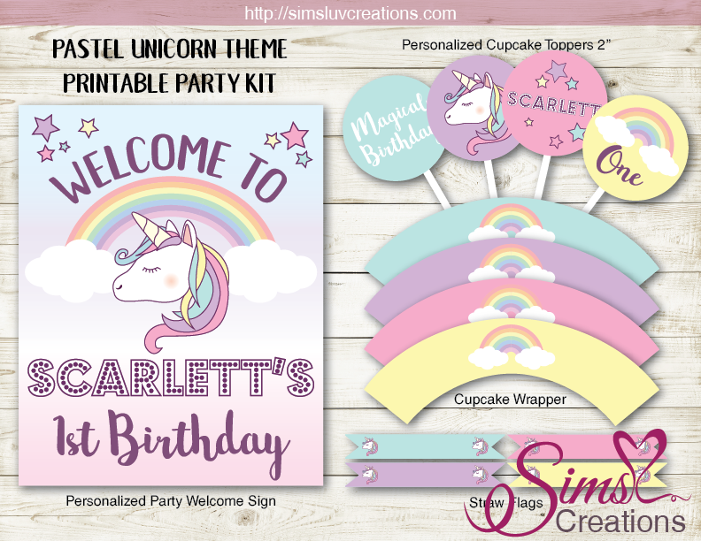Personalised Pastel Rainbow Unicorn Party Decorations Tagged Unicorns -  Katie J Design and Events