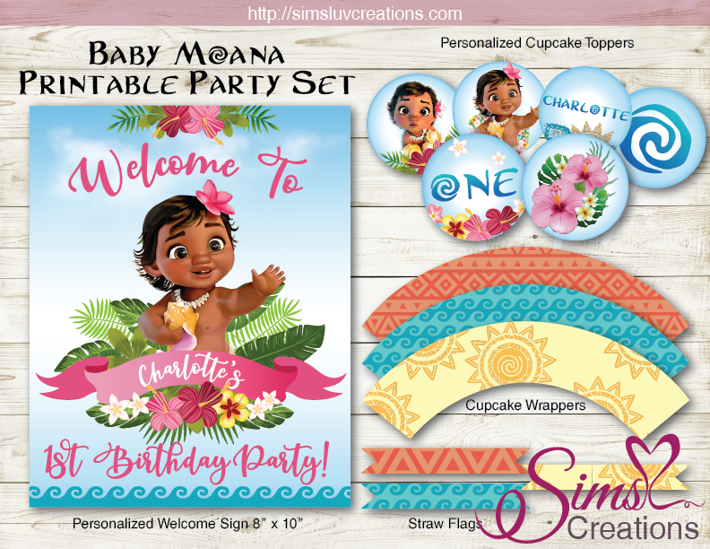 BABY MOANA PARTY PRINTABLES KIT | MOANA TROPICAL BIRTHDAY DECORATION K – Sims Luv Creations for Free Moana Printables For Party