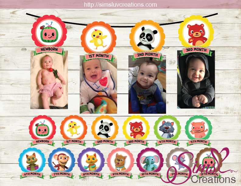 COCOMELON THEME PRINTABLE MONTHLY PHOTO BANNER | FIRST BIRTHDAY MONTHLY PHOTO BADGES