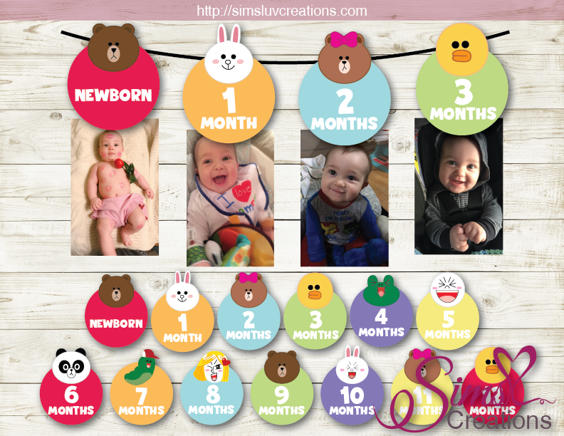 LINE JAPAN THEME PRINTABLE MONTHLY PHOTO BANNER | LINE FRIENDS CHARACTERS FIRST BIRTHDAY MONTHLY PHOTO BADGES