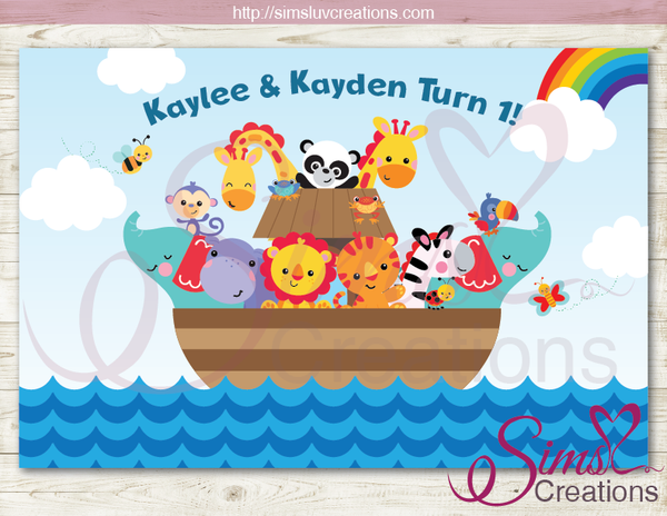 NOAH'S ARK PRINTABLE PARTY BACKDROP BANNER | TWO BY TWO TWINS BIRTHDAY POSTER