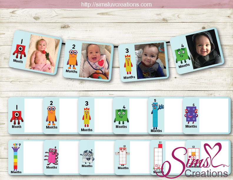 NUMBERBLOCKS THEME PRINTABLE MONTHLY PHOTO BANNER | FIRST BIRTHDAY MONTHLY PHOTO BADGES DIGITAL