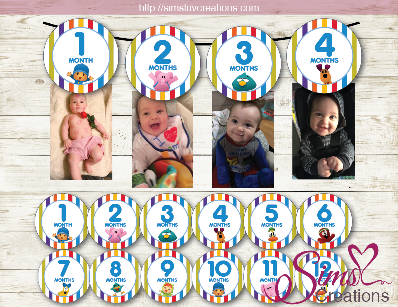 POCOYO THEME PRINTABLE MONTHLY PHOTO BANNER | FIRST BIRTHDAY MONTHLY PHOTO BADGES