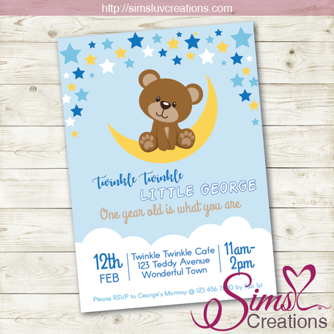 TWINKLE TWINKLE LITTLE STAR BIRTHDAY PRINTABLE INVITATION | TEDDY BEAR PARTY INVITATION
