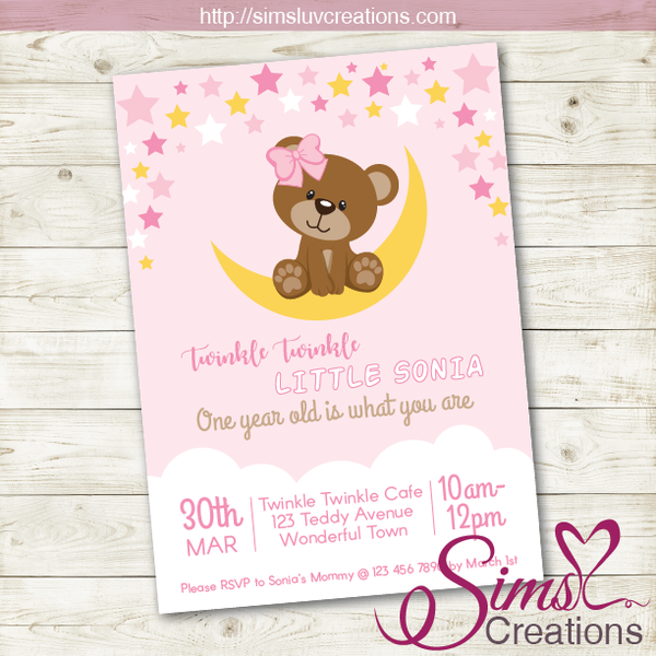 TWINKLE TWINKLE LITTLE STAR BIRTHDAY PRINTABLE INVITATION | TEDDY BEAR PARTY INVITATION